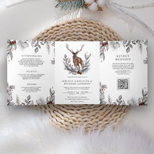 Wald Wasserfarbe Waldhirsch QR-Code Hochzeit Dreifach Gefaltete Einladung