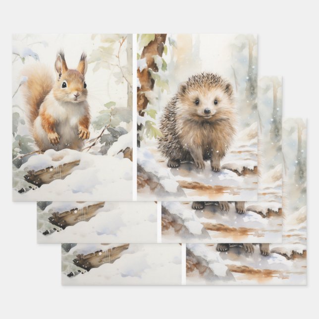 Wald Wasserfarben Eichhörnchen Igel Winterlandscha Geschenkpapier Set (Set)