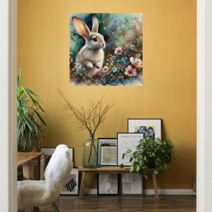 Wald-Wasserfarben-Hase Pastell-Blumen Ostern Poster