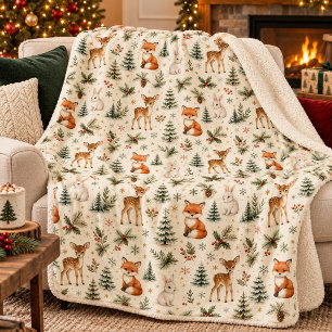 Wald-Weihnachts-Schafsfell mit Hirsch, Fuchs und H Sherpadecke