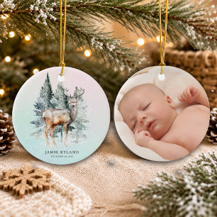 Wald-Weihnachtsfoto und Geburtsdatum zum ersten Ma Keramik Ornament