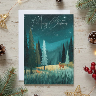 Wald-Weihnachtslandschaft mit Immergrünen Bäumen Feiertagskarte