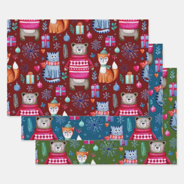 Wald Weihnachtswald Bärenkatze Fox Geschenkpapier Set (Set)