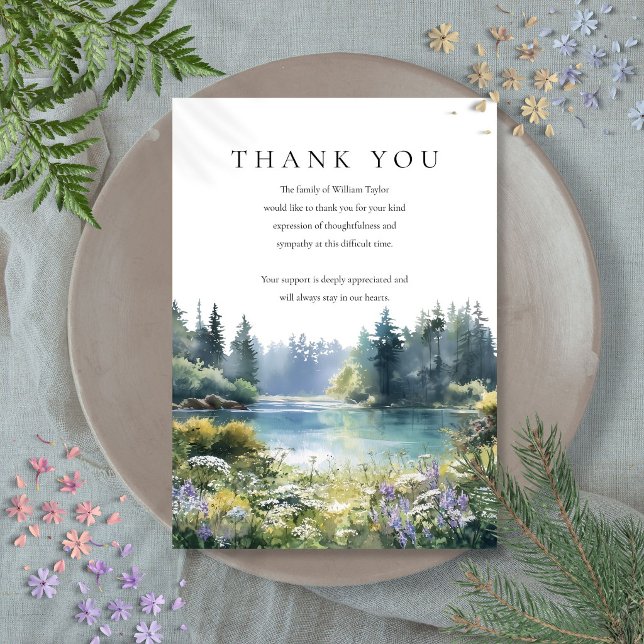 Wald-Wildblumen Trauerfeier am See Dankeskarte (Woodland Wildflowers Lake Bereavement Funeral Thank You Card)