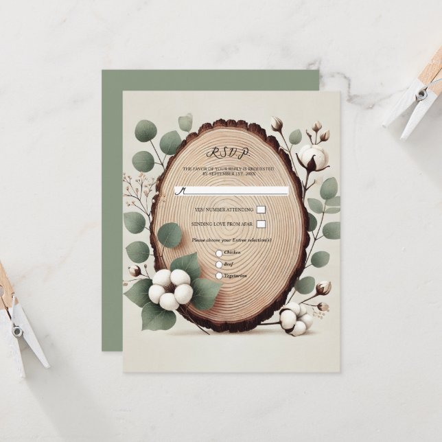 Wald Wood Eukalyptus Cotton Rustic Wedding RSVP Einladung (Vorderseite/Rückseite Beispiel)