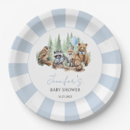 Wald Woodland Tiere Blaue Babydusche Pappteller