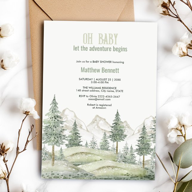 Waldabenteuer beginnt mit Baby-Dusche-Einladung Einladung (Charming sage green watercolor forest baby shower invitation)
