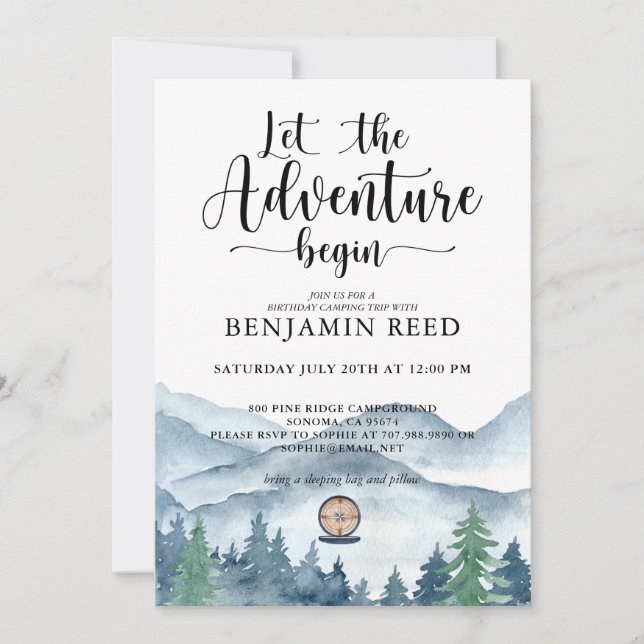 Waldabenteuergebirge Camping Geburtstag Einladung (Vorderseite)