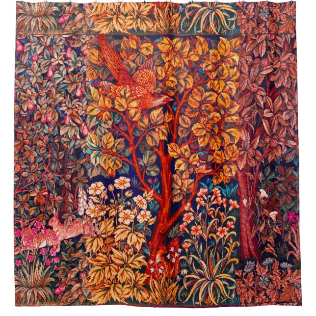 WALDBÄLDER Hares, Pheasant, Rote Blüte Duschvorhang (Vorderseite)