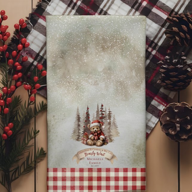 Waldbärenweihnachtsfest kommt schon früh. geschirrtuch (Woodland Bear "Christmas Is Coming and We Can Bearly Wait" Kitchen Towel)