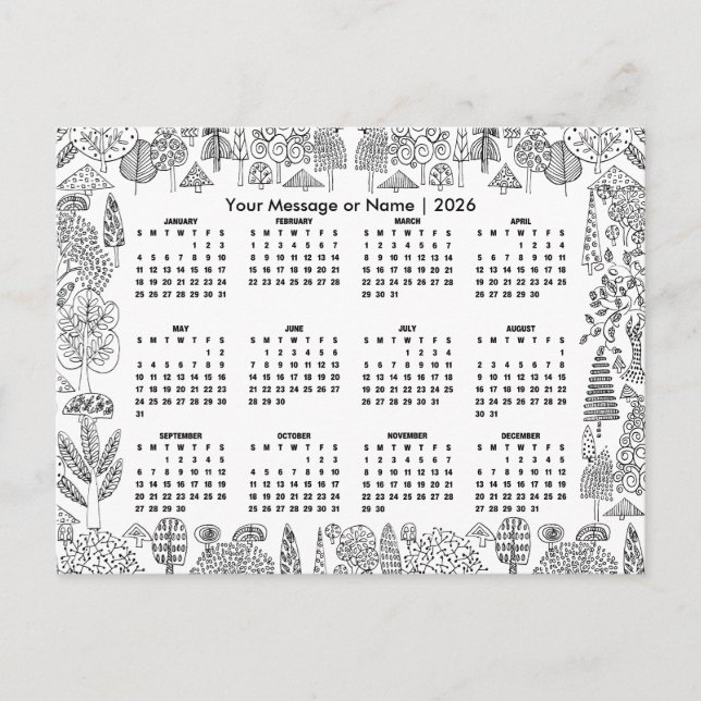 Waldbaum-Kalender 2026 personalisiert Postkarte (Vorderseite)