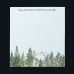 Waldbäume Aquarellwald Gebirge Notizblock<br><div class="desc">Personalisiertes Text/Name Notizblock mit Aquarelllandschaft mit Bergen,  Wald und einer Kabine.</div>