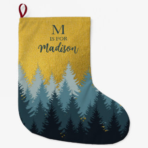 Waldbäume Goldene Landschaft Baby Monogram Großer Weihnachtsstrumpf