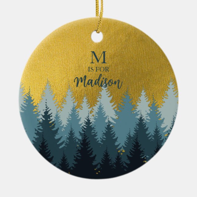 Waldbäume Goldene Landschaft Baby Monogram Keramik Ornament (Vorne)