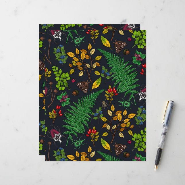 Waldbeeren, Blätter und Bugs auf Grafit schwarz (Vorderseite/Rückseite Beispiel)
