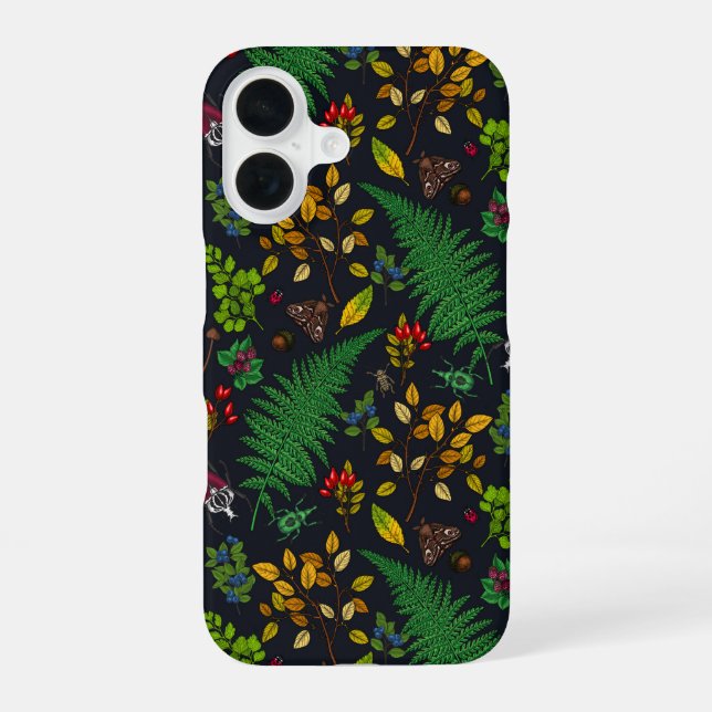 Waldbeeren, Blätter und Bugs auf Grafit schwarz iPhone 16 Hülle (Rückseite)
