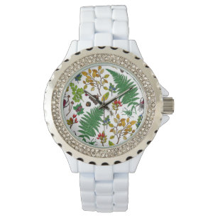 Waldbeeren, Blätter und Waldkäfer auf Weiß Armbanduhr