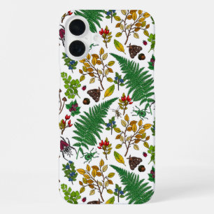 Waldbeeren, Blätter und Waldkäfer auf Weiß iPhone 16 Plus Hülle