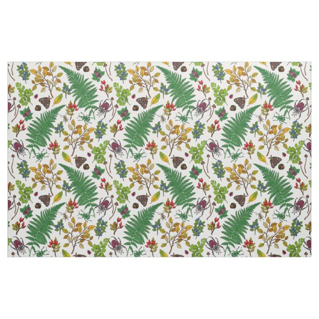 Waldbeeren, Blätter und Waldkäfer auf Weiß Stoff (Fat Quarter (45,7 x 55,9 cm))