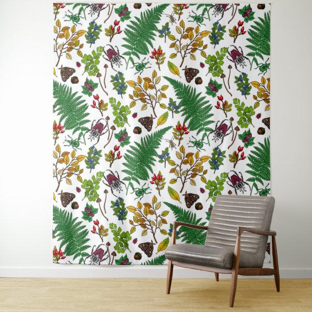Waldbeeren, Blätter und Waldkäfer auf Weiß Wandteppich (Beispiel)