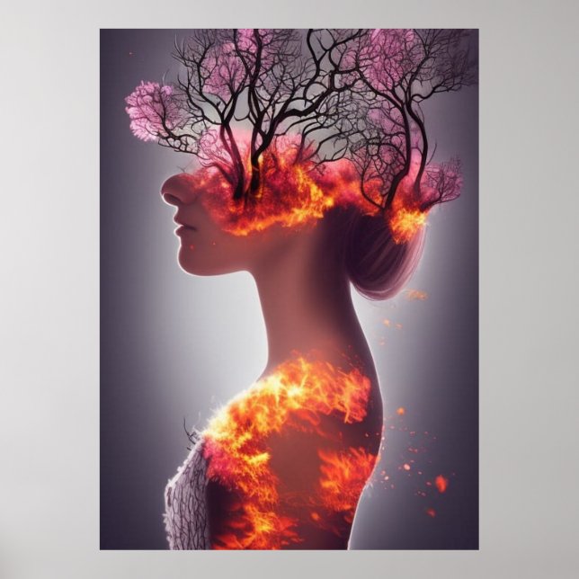 Waldbrand auf der Girl-Head-Fantasie abstrakt Poster (Vorne)