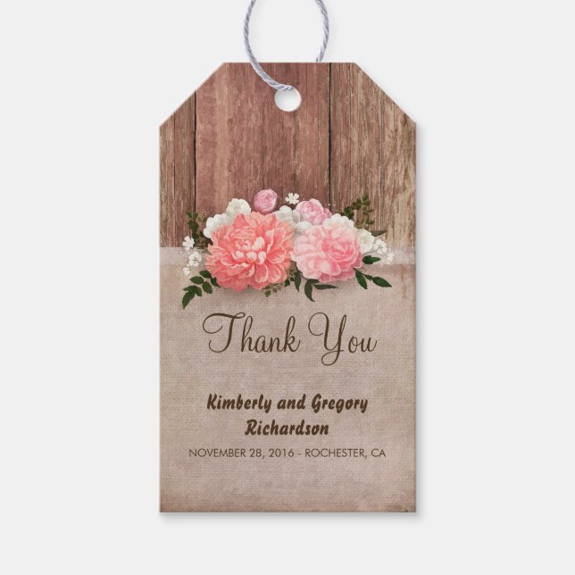 Waldburlap Pink-Blume Rustikale Hochzeit Geschenkanhänger (Vorderseite)