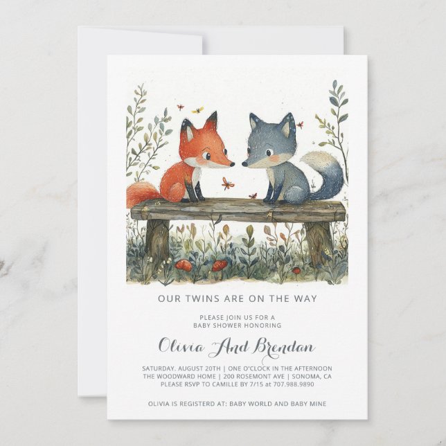Walddusche Twins Baby Einladung (Vorderseite)