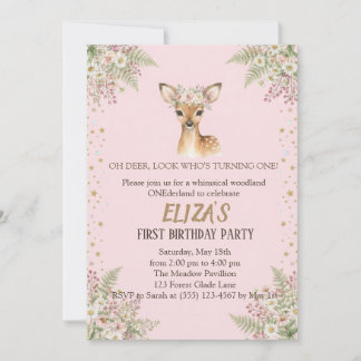 Waldeinladung zum Geburtstag für Mädchen mit rosa Einladung
