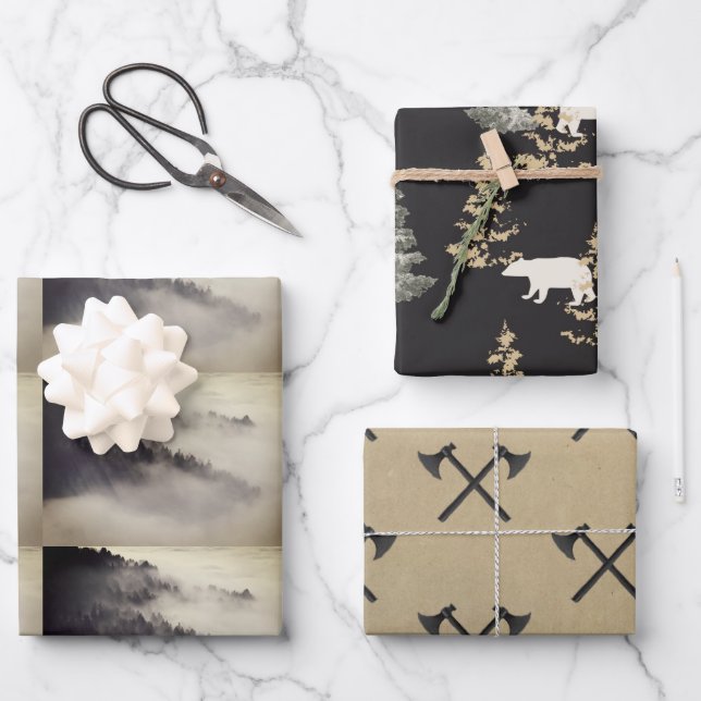 Wälder, Äxte, Berge, schwarz und steinförmig Geschenkpapier Set (Vorderseite)