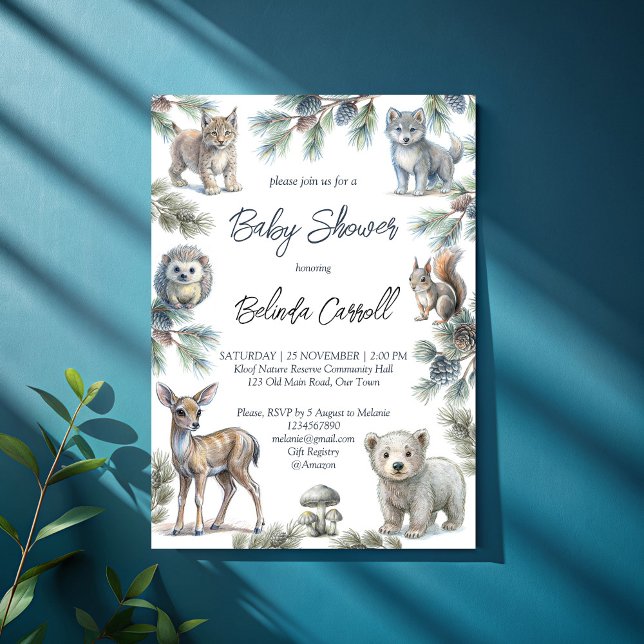 Wälder niedliche Babytiere Babydusche Einladung (Woodlands forest cute baby animals baby shower invitation template neutral gender pastel  forest)
