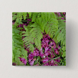 Waldfarne mit rosa Blütenblättern auf dem Boden Button