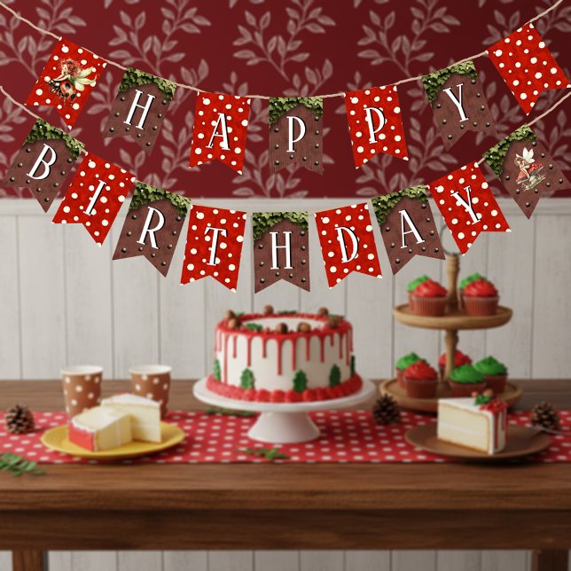 Waldfee Pilz Punkte Frohe Geburtstag Wimpelkette (Red and White Polka Dot Whimsical Fairy Ladybug Happy Birthday Bunting Banner)