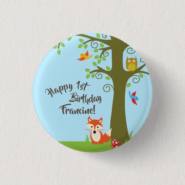 Waldfreunde Woodland Niedlich 1. Geburtstag Party Button (Vorderseite)
