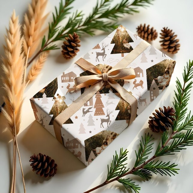 Waldfüchse, Kaninchen und Rentierdorf 2 Foto Geschenkpapier (Woodland Foxes, Rabbit & Reindeer Village 2 Photo Wrapping Paper)