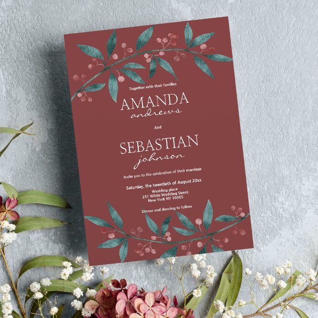 Waldgrün-Bordeaux-Beeren Blumenzehen Einladung (Forest green burgundy berries floral Wedding )