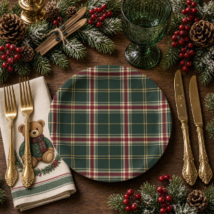 Waldgrün-Burgunder-Tartan-Skizodge-Geburtstag Pappteller