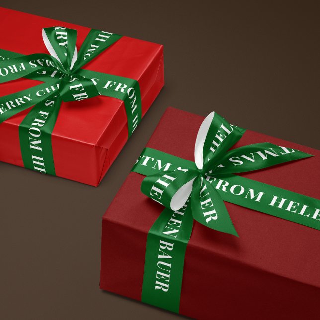Waldgrün einfaches Text Weihnachten Geschenk Satinband (personalized green and white Merry Christmas gift ribbon with name)