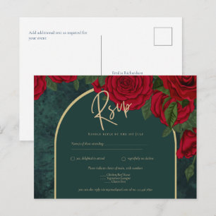 Waldgrün Gold Rote Rosen Winterhochzeit Postkarte