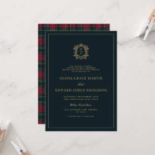 Waldgrün-goldene Crests-Monogramm-Tartan-Winter Einladung