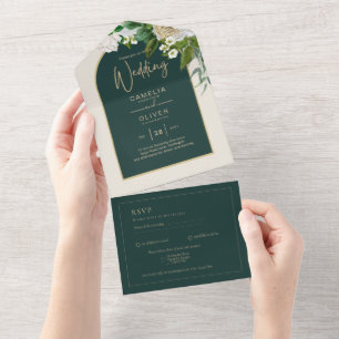 Waldgrün-goldfarbene Winterhochzeit der weißen Ros All In One Einladung