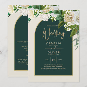 Waldgrün-goldfarbene Winterhochzeit der weißen Ros Einladung