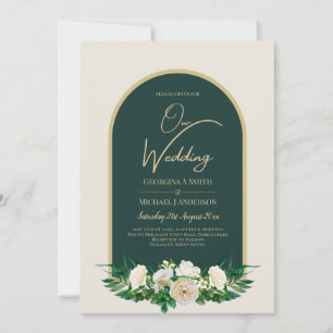 Waldgrün-goldfarbene Winterhochzeit der weißen Ros Einladung