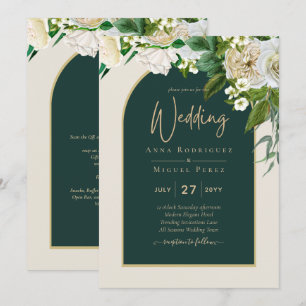 Waldgrün-goldfarbene Winterhochzeit der weißen Ros Einladung