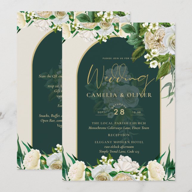 Waldgrün-goldfarbene Winterhochzeit der weißen Ros Einladung (Vorne/Hinten)