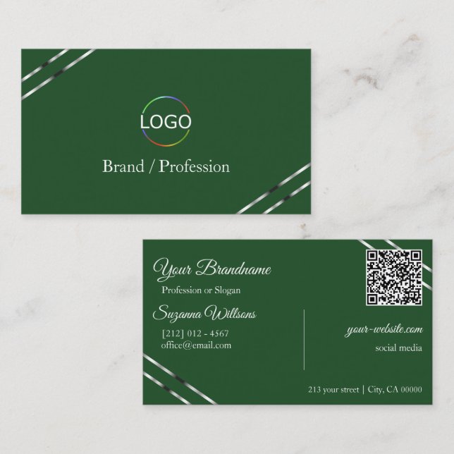 Waldgrün mit Silberlinien-Logo und QR-Code Visitenkarte (Vorne/Hinten)