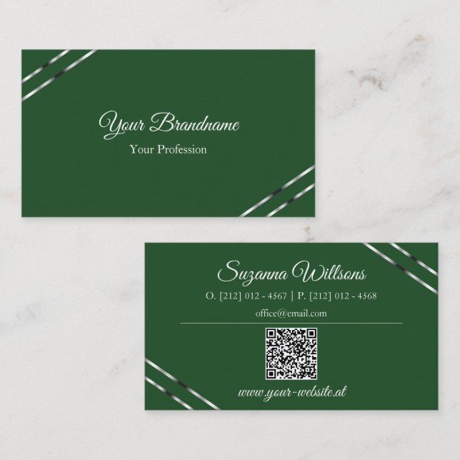 Waldgrün mit silbernen Linien und QR-Code Elegant Visitenkarte (Vorne/Hinten)