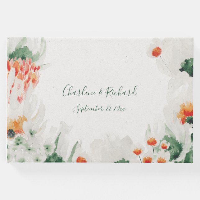 Waldgrün Rustikal Orange Weiße Blüte Gästebuch (Vorderseite)