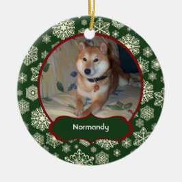 Waldgrün-Schneeflocke-personalisiertes Foto rund Keramikornament