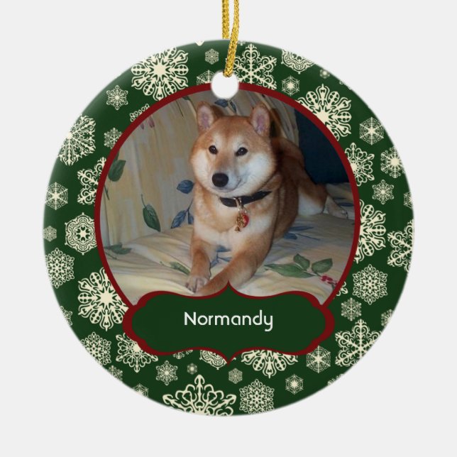 Waldgrün-Schneeflocke-personalisiertes Foto rund Keramikornament (Vorne)