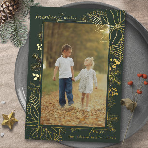 Waldgrün und Gold Vertikales Weihnachtsfoto Folien Feiertagskarte